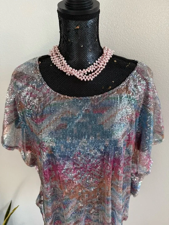 Bongo Vintage Y2K Multicolor Sequin Mesh Pullover Dolman Sleeve Top Size 2X - Picture 2 of 6